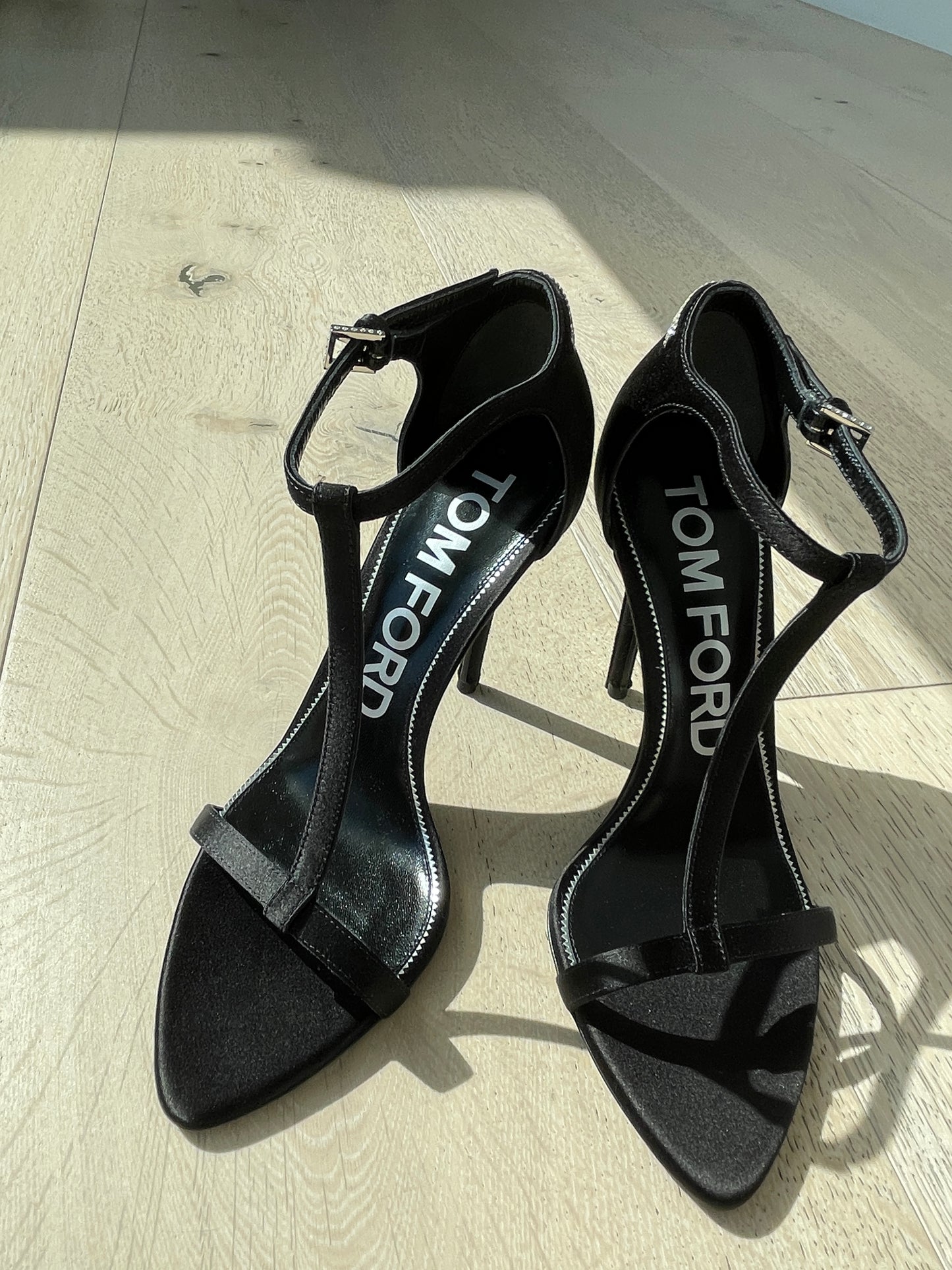 TOM FORD SANDALS BLACK SATIN EMBELLISHED T