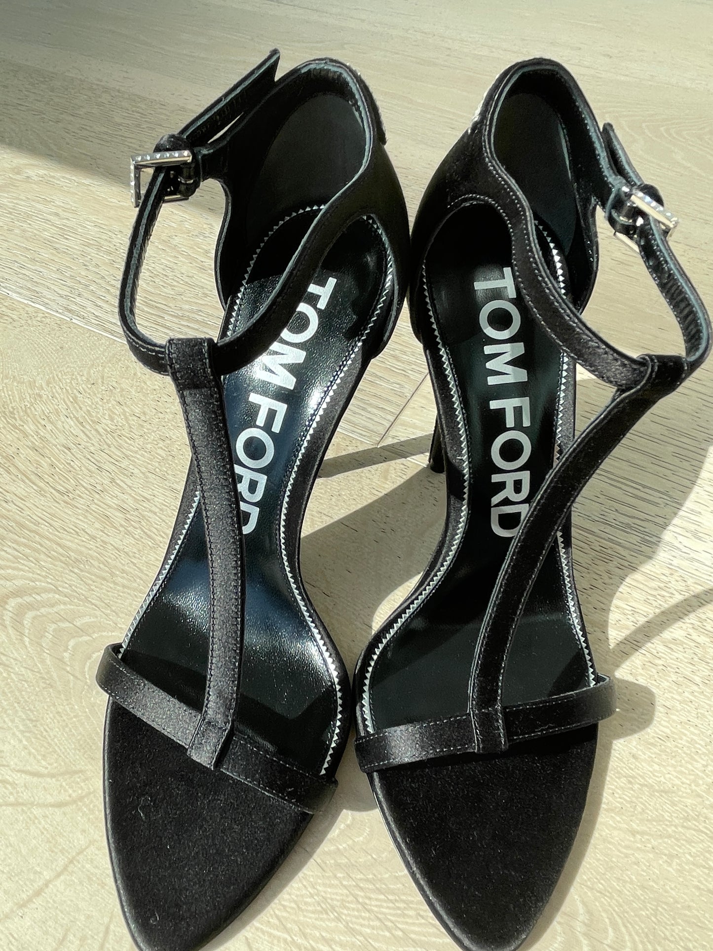 TOM FORD SANDALS BLACK SATIN EMBELLISHED T