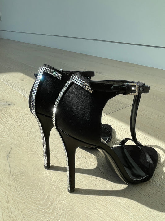 TOM FORD SANDALS BLACK SATIN EMBELLISHED T